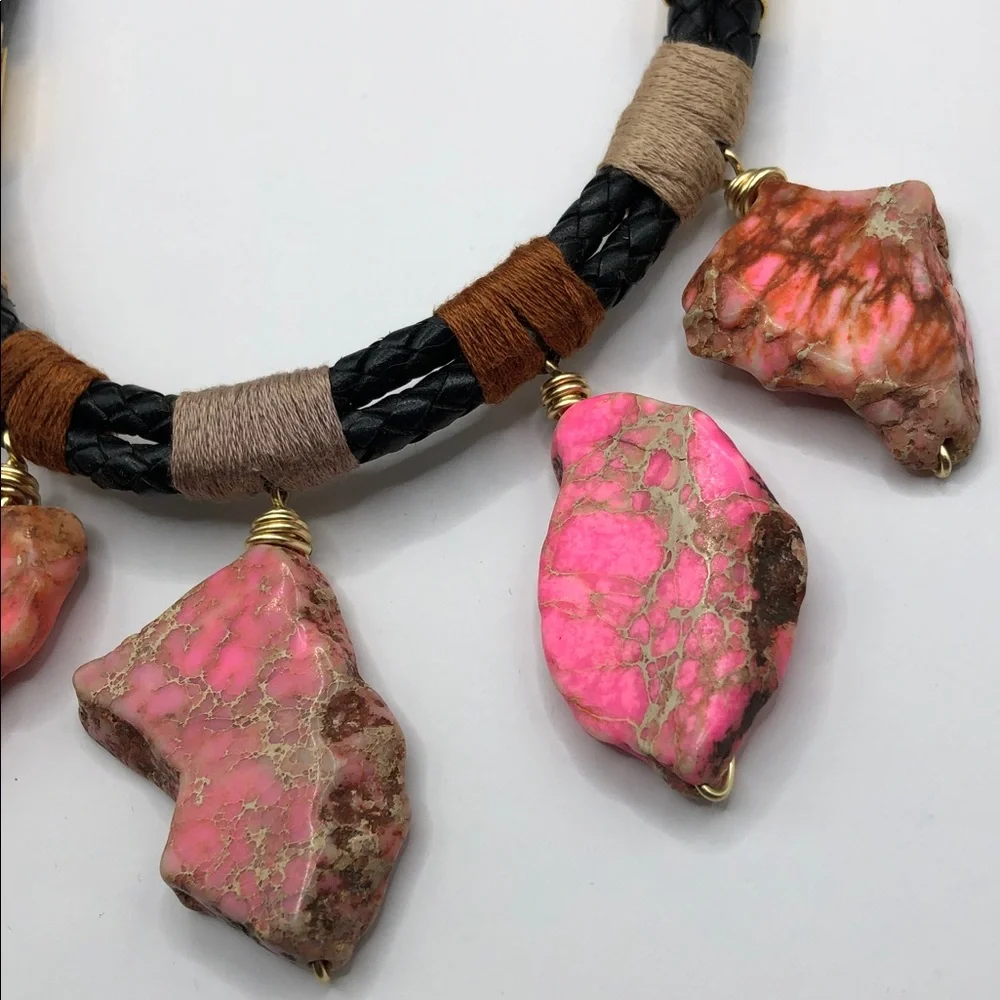 Handmade upcycled pink jasper stone statement style necklace boho festival.